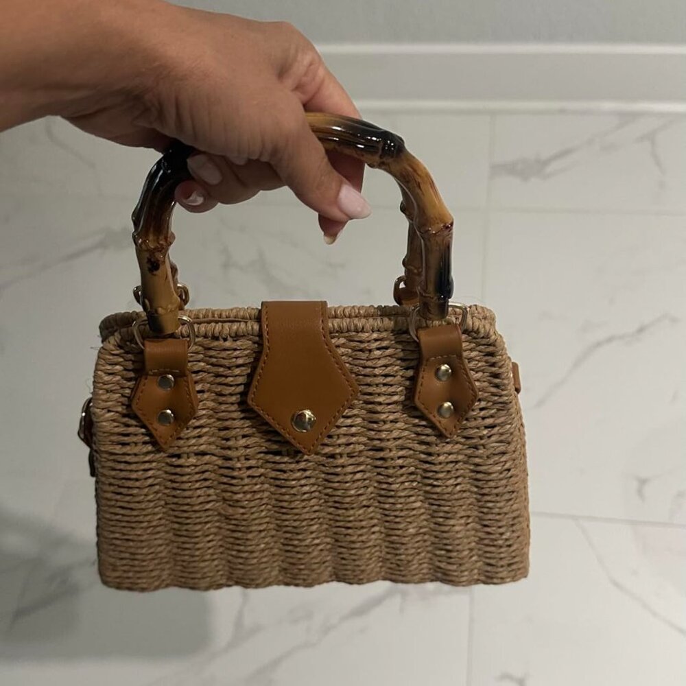 Neiman Marcus Straw Handbag with Bamboo Handle & Brown Leather Trim